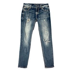 Miss Me Jeans Womens 25 Blue Distressed Denim Stretch Mid Rise Easy Ankle Skinny